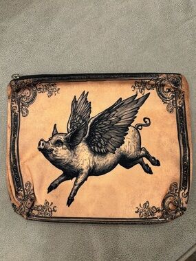 Flying Pig Zip Pouch in Tan and Black